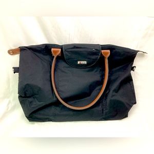 New Delsey large black nylon tote bag with brown faux-leather handles - foldable